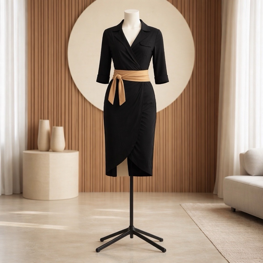 Diane Von Furstenberg Black Wrap Midi Dress with Tan Waist Tie